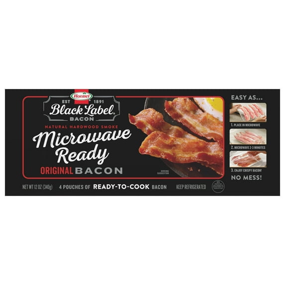 HORMEL BLACK LABEL Microwave Bacon, Gluten Free, Refrigerated, 12 oz Cardboard Box