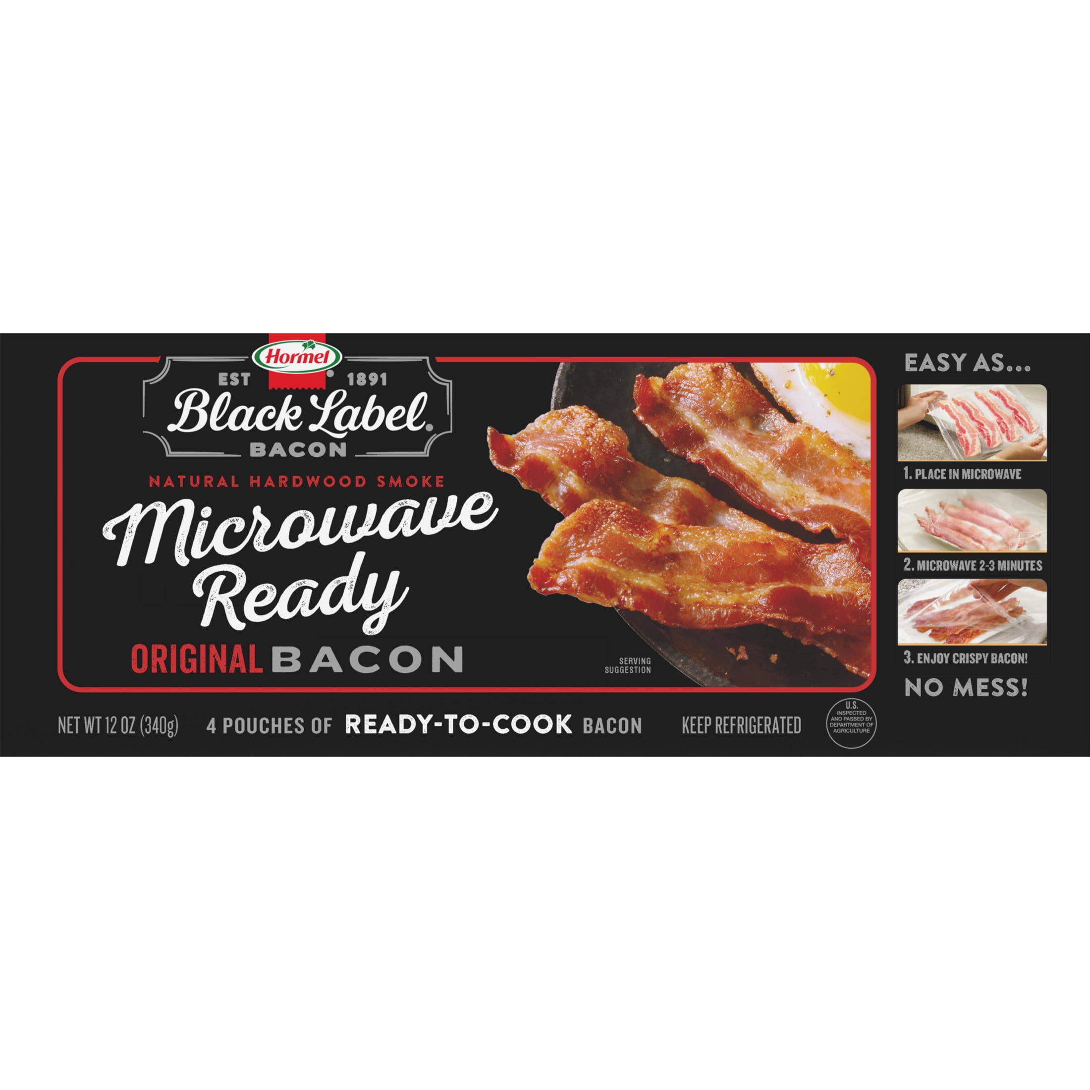 HORMEL BLACK LABEL Microwave Ready Bacon, Gluten Free, Refrigerated, 12 oz Plastic Package (4 Pack)
