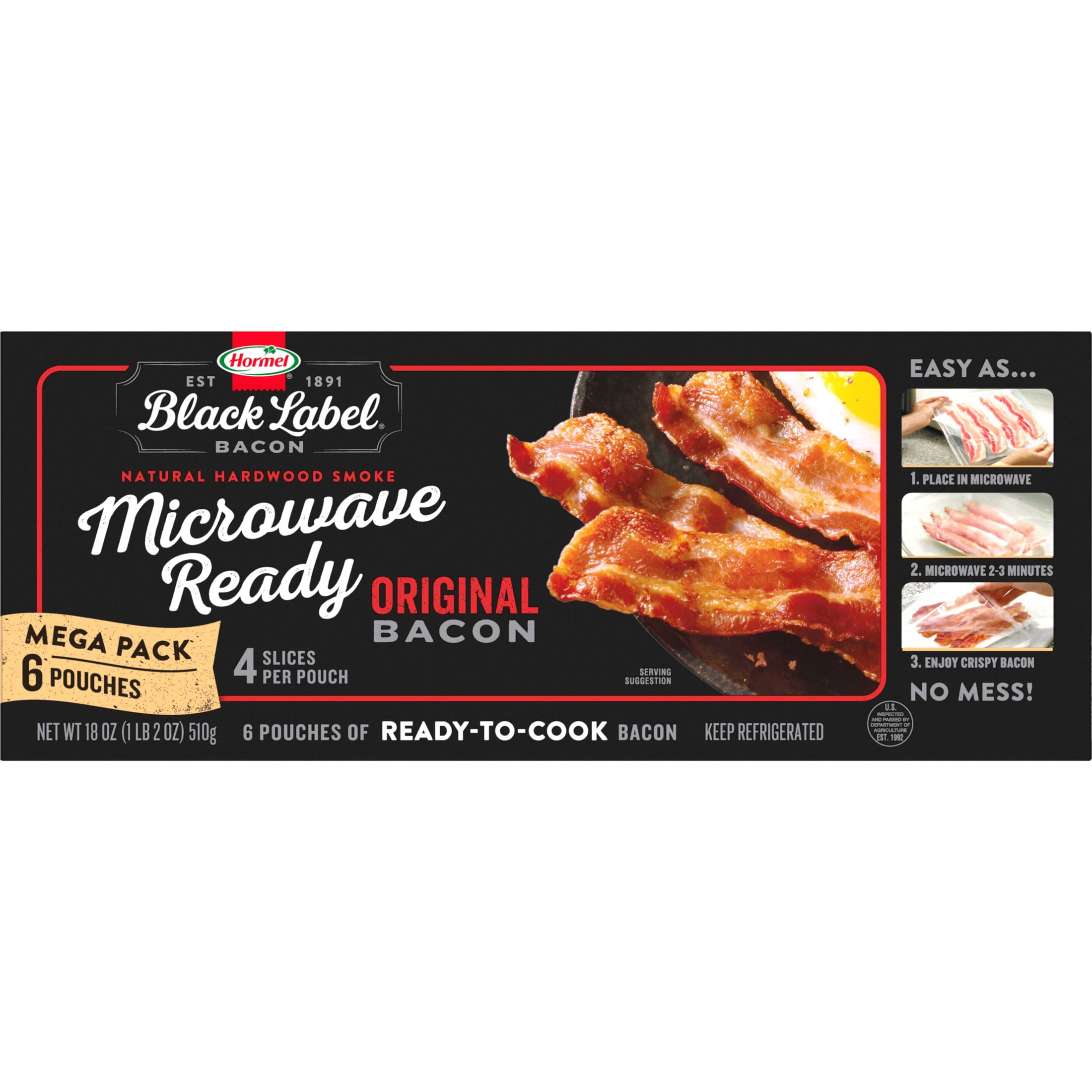 HORMEL BLACK LABEL Microwave Ready Bacon, Gluten Free, Refrigerated, 18 oz Plastic Package