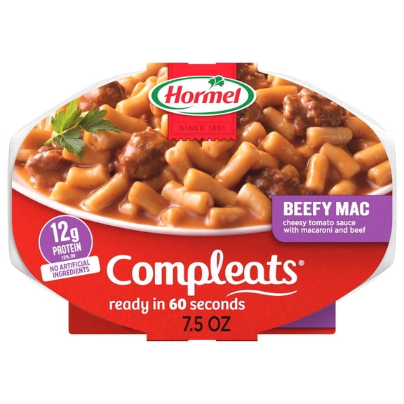 HORMEL COMPLEATS Beefy Macaroni and Cheese, Shelf-Stable, 12 grams Protein, 7.5 oz Plastic Microwaaveable Tray