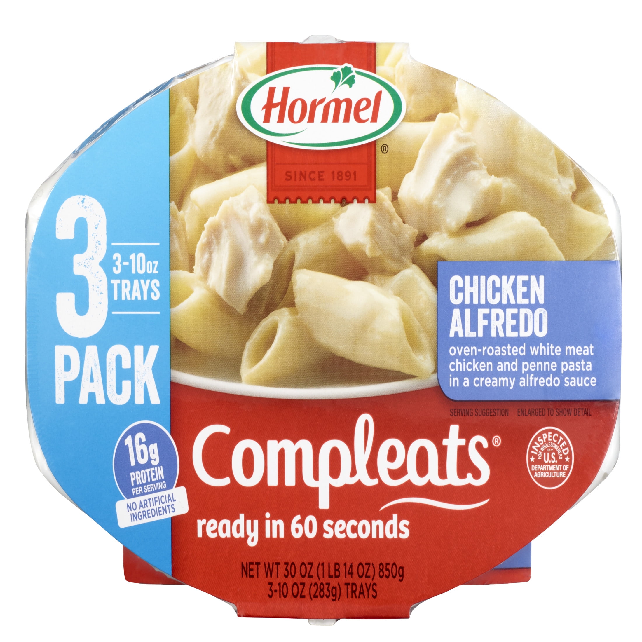 HORMEL COMPLEATS Chicken Alfredo, Shelf-Stable, 16 grams Protein, 10 oz Plastic Microwaveable Tray (3 Pack)