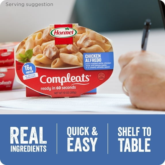 HORMEL COMPLEATS Chicken Alfredo, Shelf-Stable, Packaged Meals, 16 grams Protein, 10 oz Plastic Microwaveable Tray.2 PACK