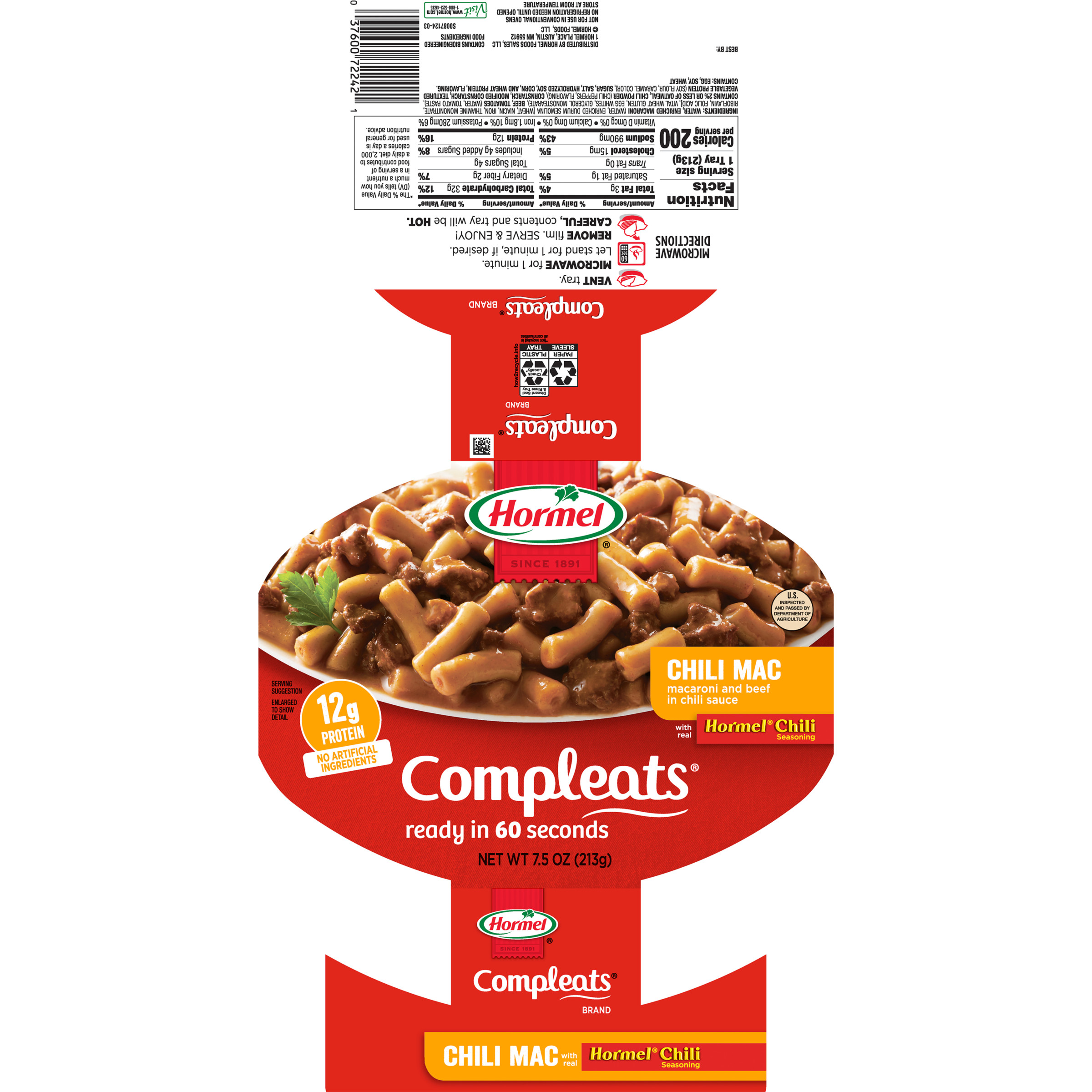 HORMEL COMPLEATS Chili Mac, Shelf Stable, 7.5 oz Plastic Tray