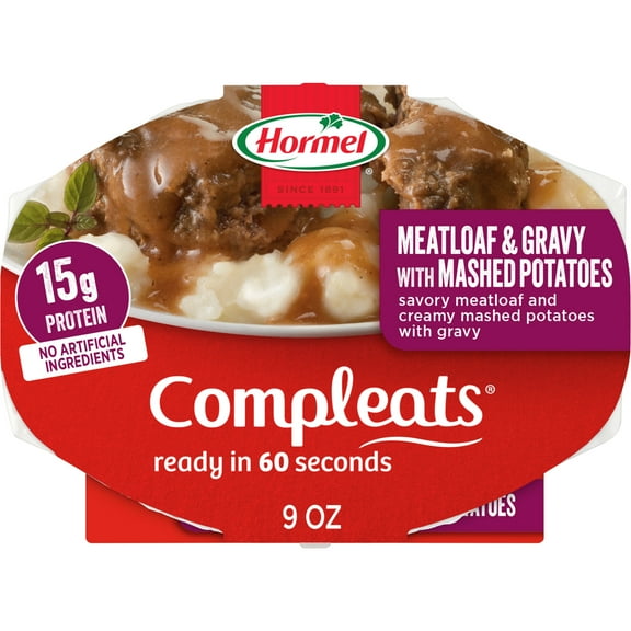HORMEL COMPLEATS Meatloaf and Mashed Potatoes, Shelf-Stable, 9 oz Plastic Tray (6 Pack)