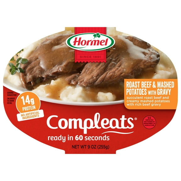 HORMEL COMPLEATS Roast Beef & Mashed Potatoes, Shelf-Stable, 14 grams Protein, 9 oz Plastic Microwaveable Tray