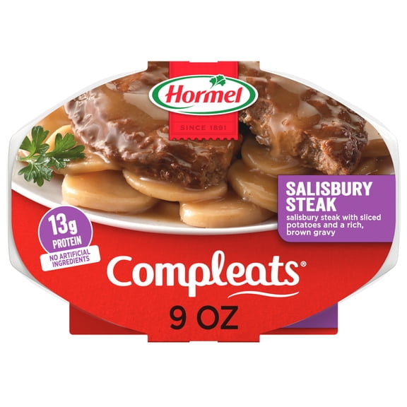 HORMEL COMPLEATS Salisbury Steak with Sliced Potatoes, Shelf-Stable, 13 grams Protein, 9 oz Plastic Microwaveable Tray