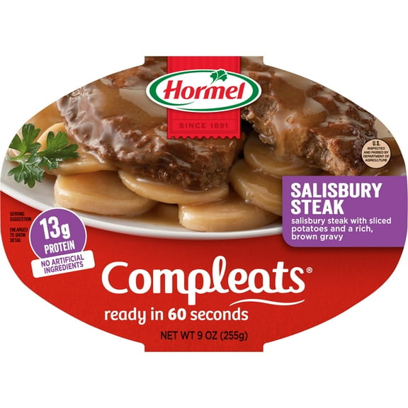 HORMEL COMPLEATS Salisbury Steak with Sliced Potatoes, Shelf-Stable, 13 grams Protein, 9 oz Plastic Microwaveable Tray