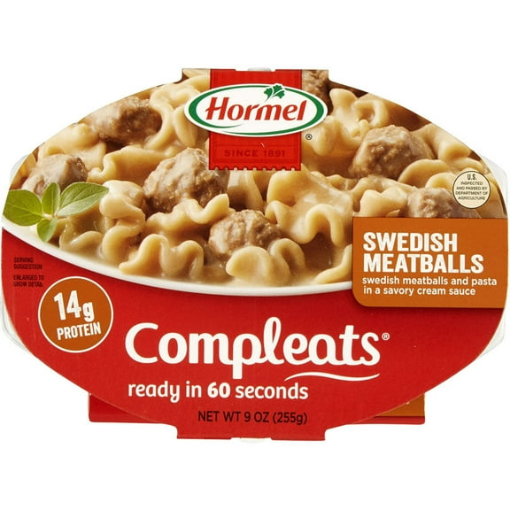 HORMEL COMPLEATS Swedish Meatballs with Pasta in Cream Sauce, 9 oz Plastic Tray, (Pack of 2)