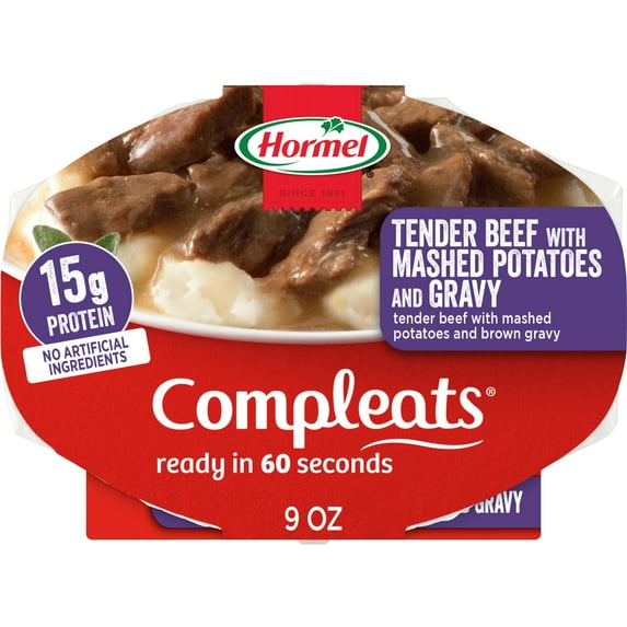 HORMEL COMPLEATS Tender Beef and Mashed Potatoes with Gravy, Shelf Stable, 9 oz Plastic Tray (6 Pack)