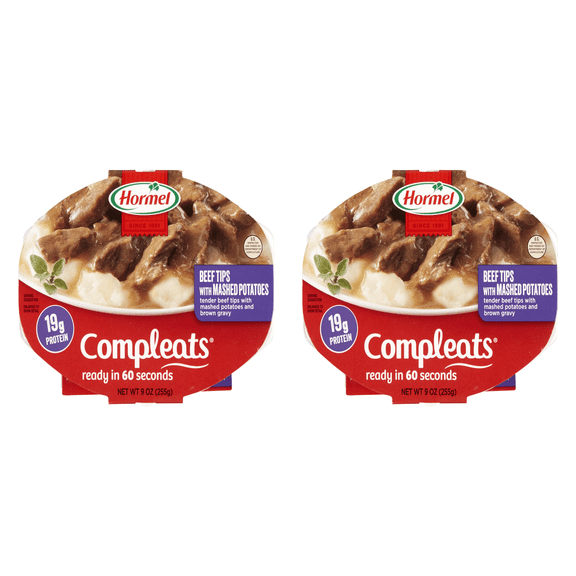 HORMEL COMPLEATS Tender Beef Tips with Mashed Potatoes & Gravy, 9 oz Plastic Tray, (Pack of 2)