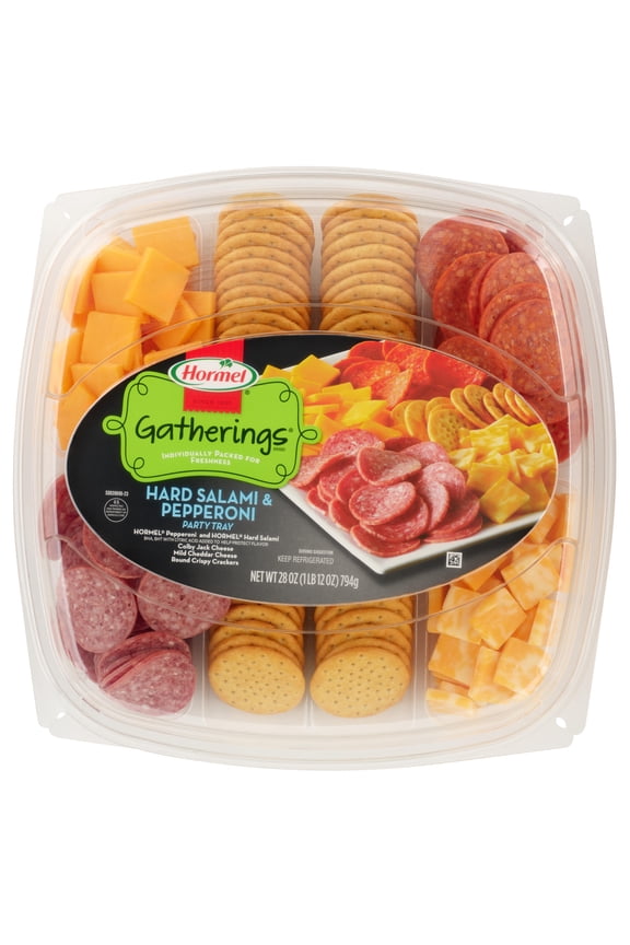 GATHERINGS, Hard Salami and Pepperoni withCheese and Crackers, Refrigerated, 28 oz Plastic Tray