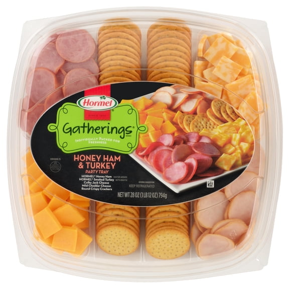HORMEL GATHERINGS, Honey Ham and Turkey with Cheese and Crackers, Deli Party, Refrigerated, 28 oz Plastic Tray