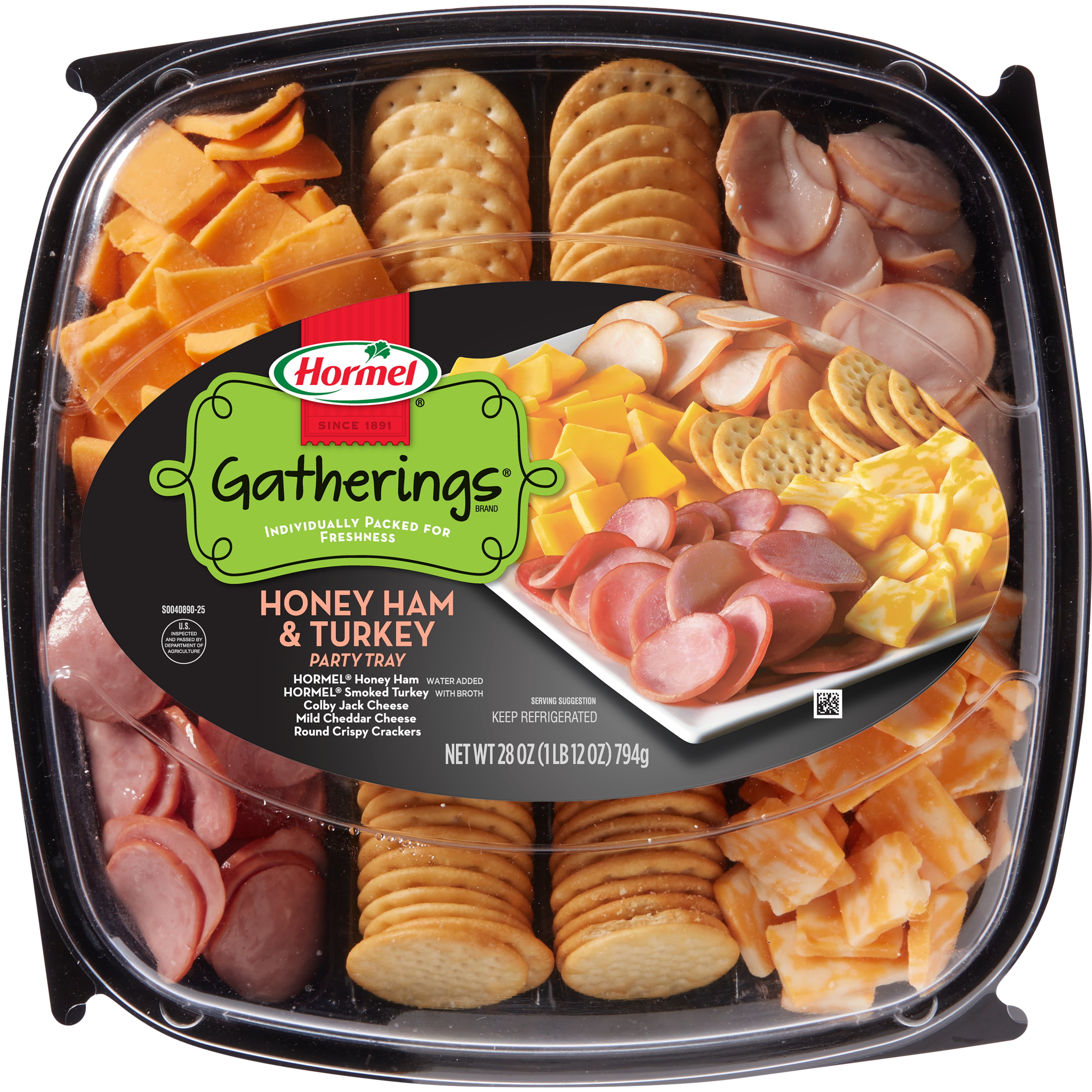 HORMEL GATHERINGS, Honey Ham and Turkey with Cheese and Crackers, Deli Party, 28 oz Plastic Tray