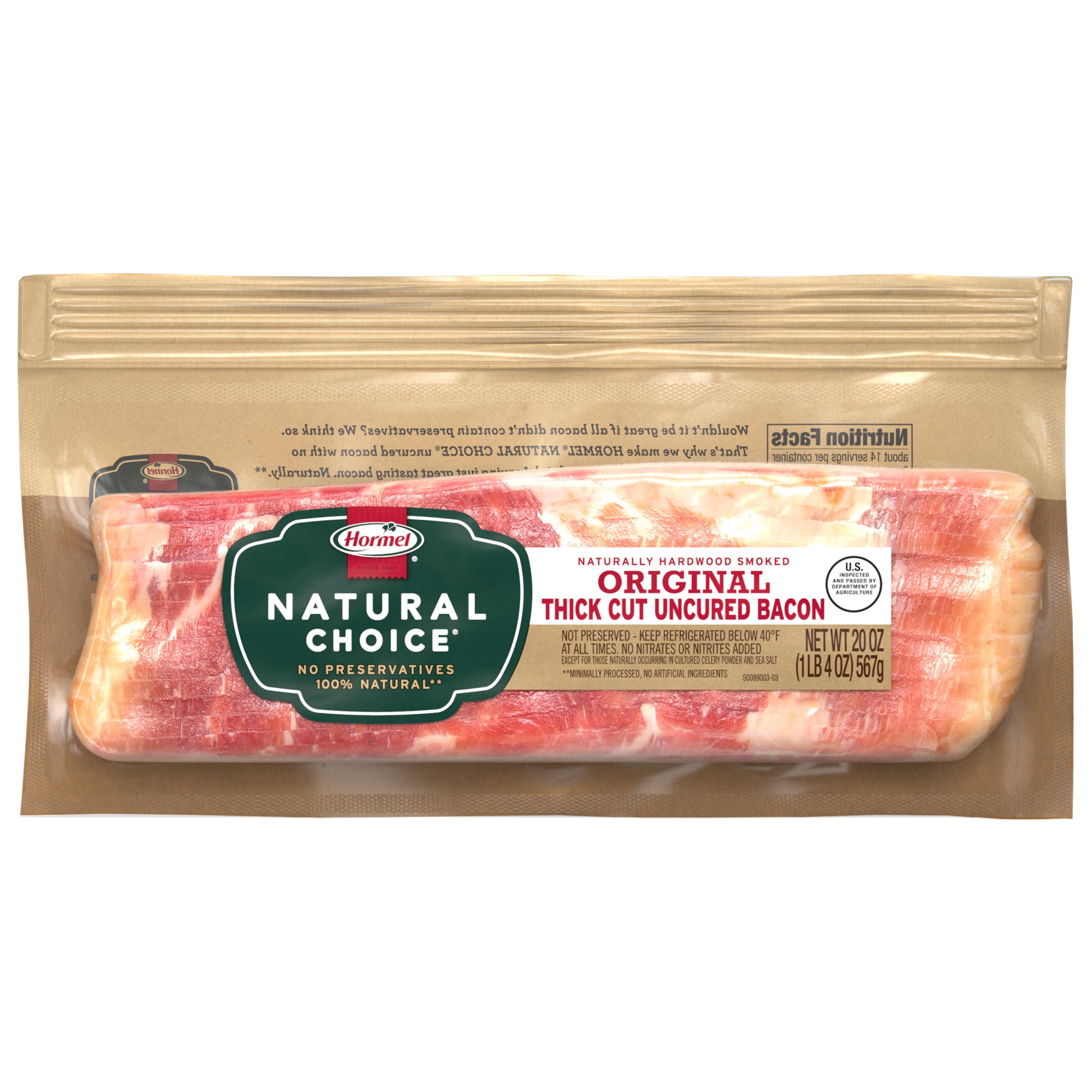 HORMEL NATURAL CHOICE Original Thick Cut Uncured Pork Bacon, Refrigerated, 20 oz Package