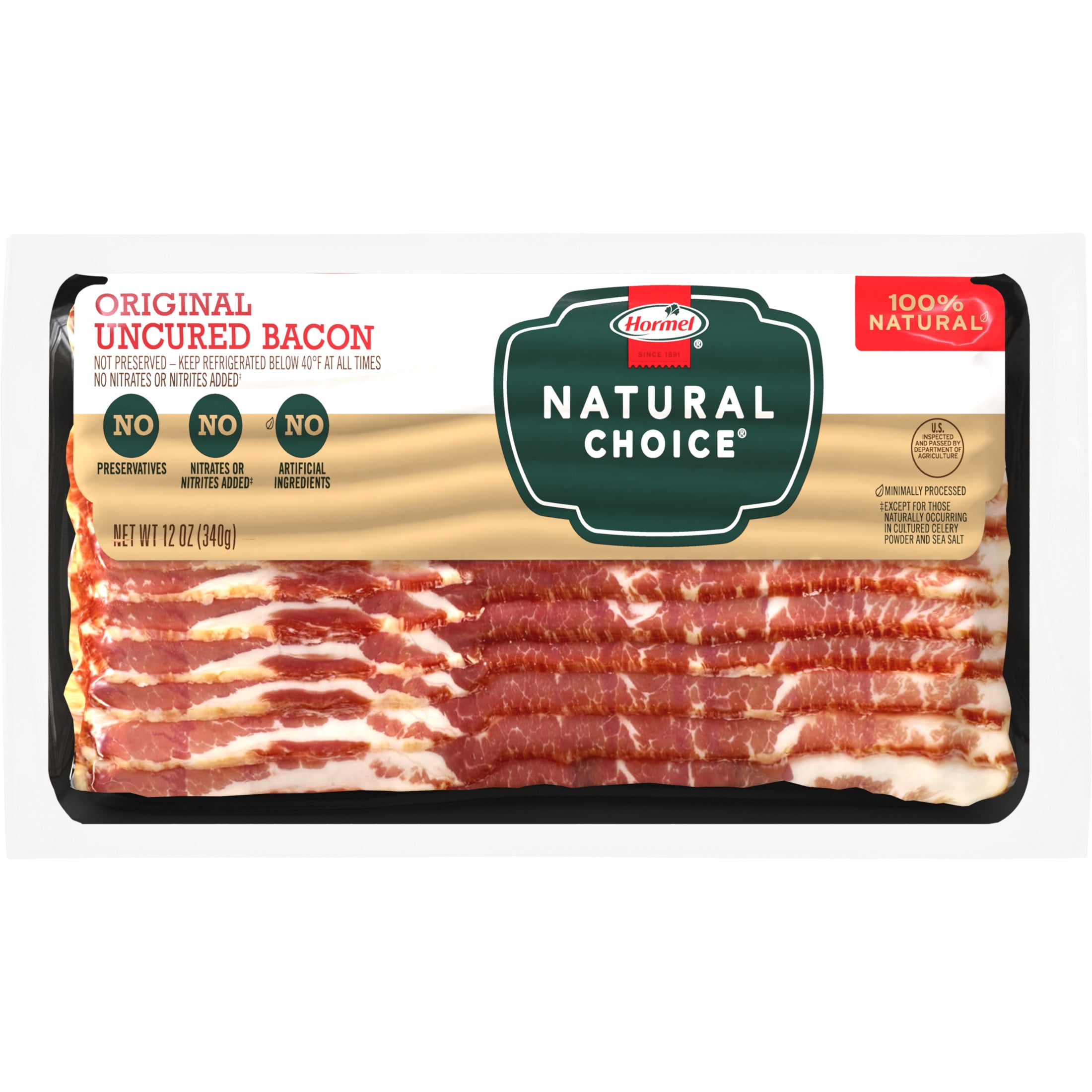 HORMEL NATURAL CHOICE Original Uncured Bacon, Gluten Free, Refrigerated, 12 oz Plastic Package