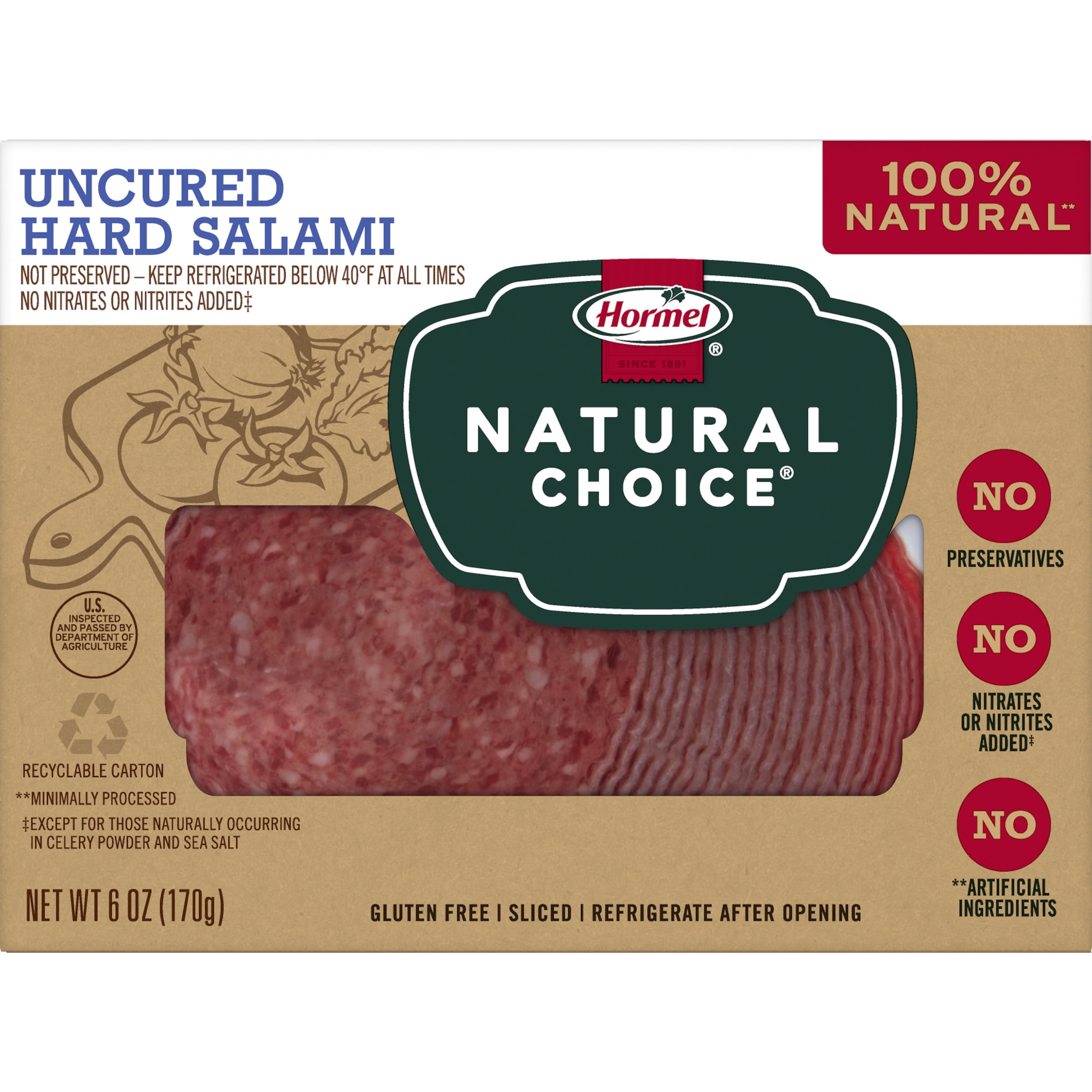 HORMEL NATURAL CHOICE Sliced Uncured Hard Salami Lunch Meat, 6 oz