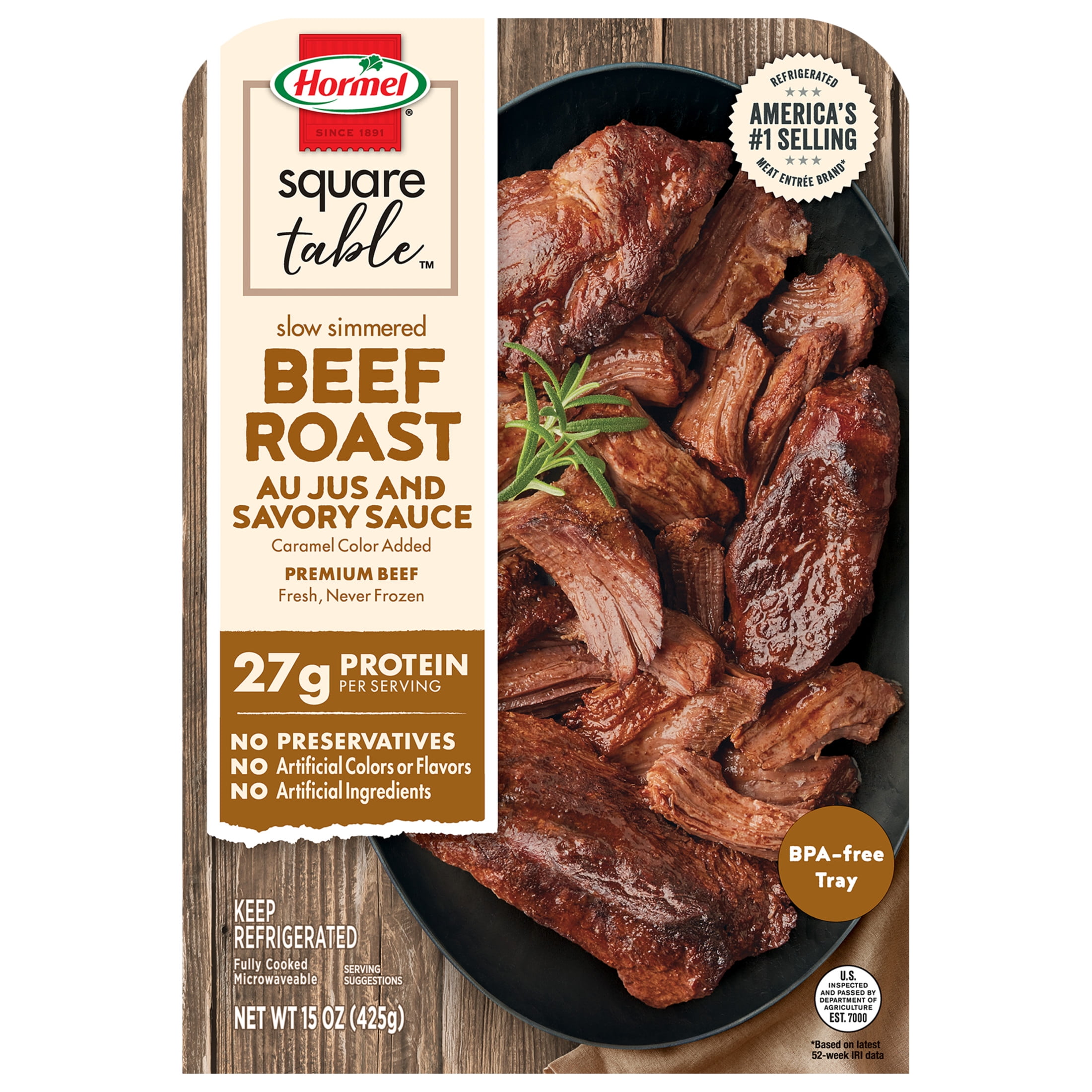 HORMEL SQUARE TABLE Slow Simmered Beef Roast Au Jus & Savory Sauce, Refrigerated, 15 oz Plastic Microwaveable Tray
