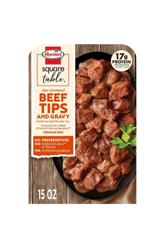 SQUARE TABLE Slow Simmered Beef Tips and Gravy, Beef Shoulder Cuts, Refrigerated, 15 oz Plastic Microwaveable Tray