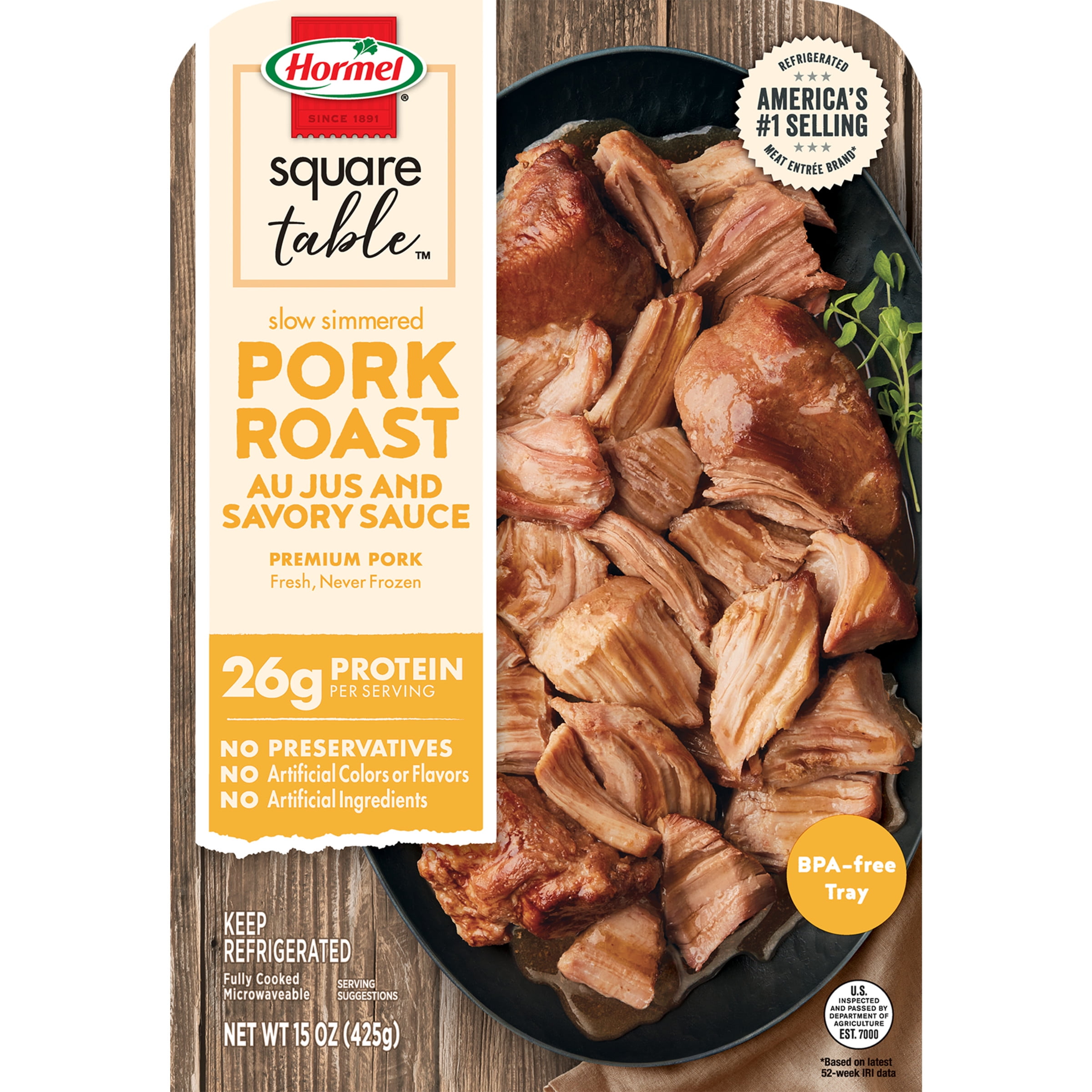 HORMEL SQUARE TABLE Slow Simmered Pork Roast Au Jus & Savory Sauce, 15 oz  Plastic Tray (8 Servings per Package) 