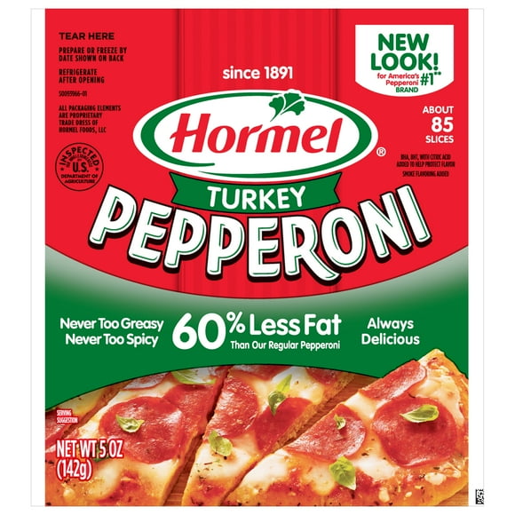 HORMEL, Turkey Pepperoni, Pizza Topping, Gluten Free, Original, Refrigerated, 5 Oz Bag