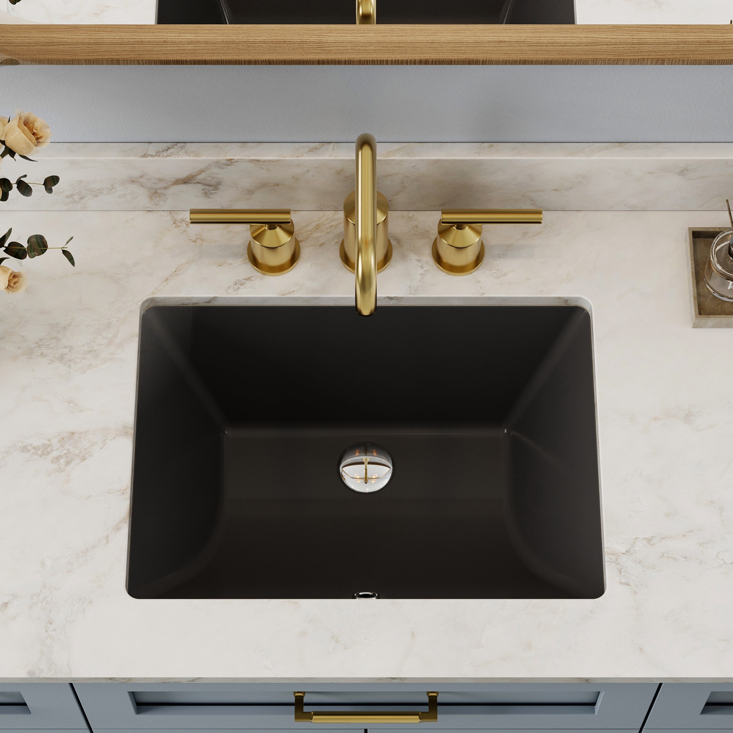 HOROW 20 x 15 Inch Undermount Bathroom Sink Rectangle with Overflow, White Ceramic Under Counter Black