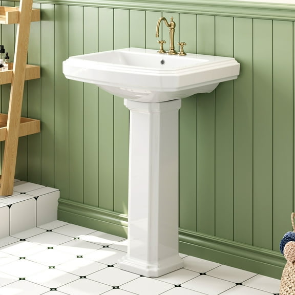 HOROW 23 x 19 Inch Pedestal Sink, Rectangular White Ceramic with Overflow,with 3 Faucet Holes
