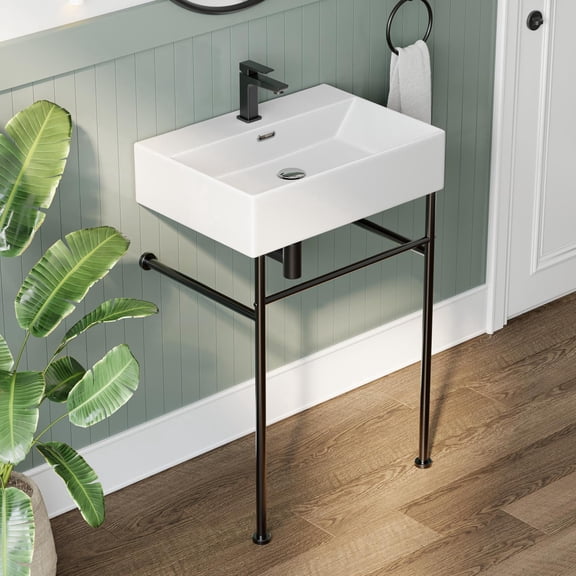 HOROW 24" Black Console Bathroom Sink with Freestanding Stainless Steel Legs & 3 Faucet Holes