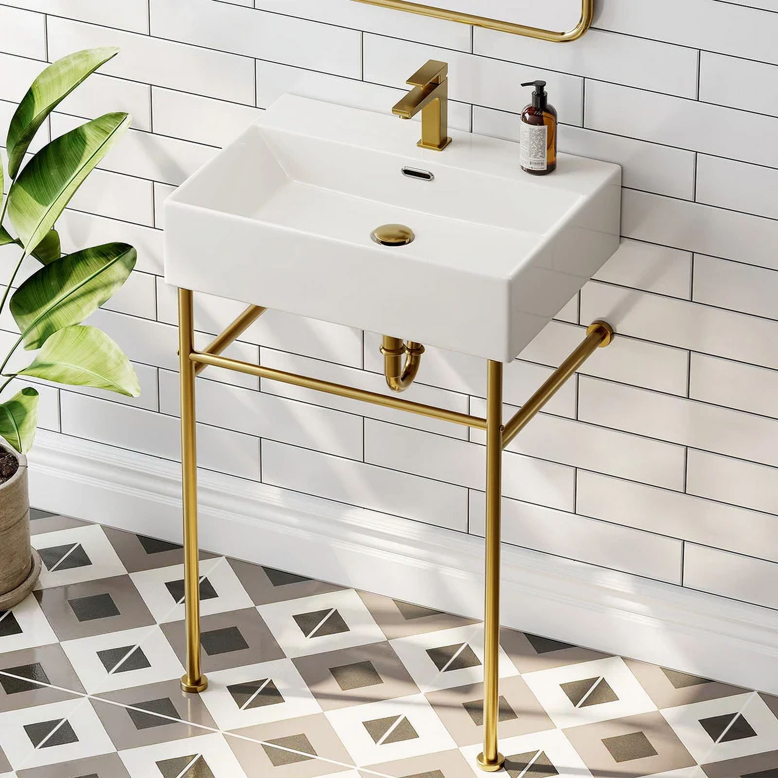 HOROW 24" Console Bathroom Sink,Free Standing 30 Inch Stainless Steel Support Pedestal Legs, Gold