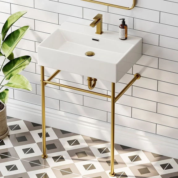 HOROW 24" Console Bathroom Sink,Free Standing 30 Inch Stainless Steel Support Pedestal Legs, Gold