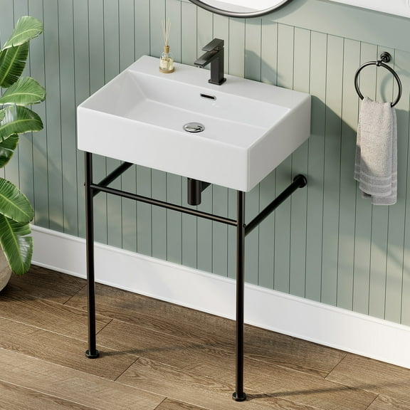 HOROW 24" Console Bathroom Sink,Free Standing 30 Inch Stainless Steel Support Pedestal Legs, Matte Black