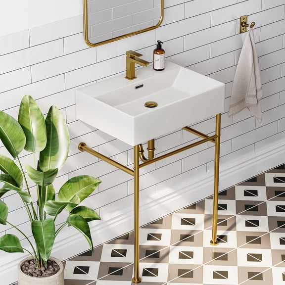 HOROW 24" Gold Console Bathroom Sink with Freestanding Stainless Steel Legs & 3 Faucet Holes