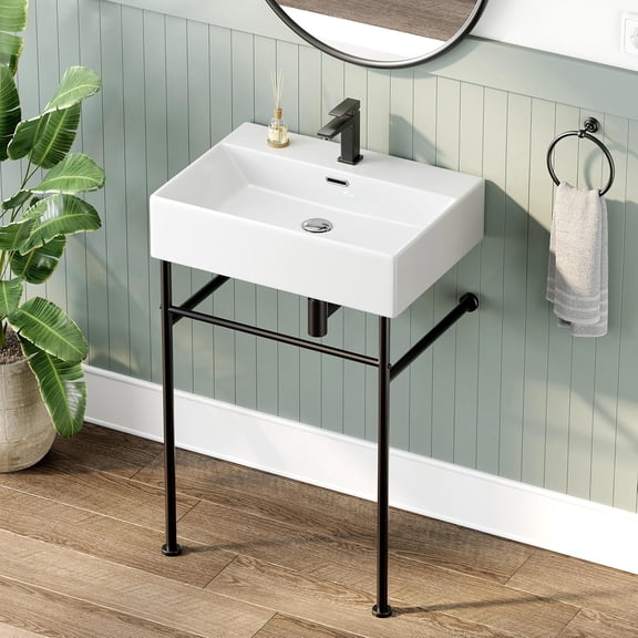 HOROW 24" x 17" Console Bathroom Sink with Stainless Steel Support Pedestal Legs, Free Standing Vanity Basin, Wall-Mount Modern Rectangular Ceramic Sink Porcelain, Brushed Gold