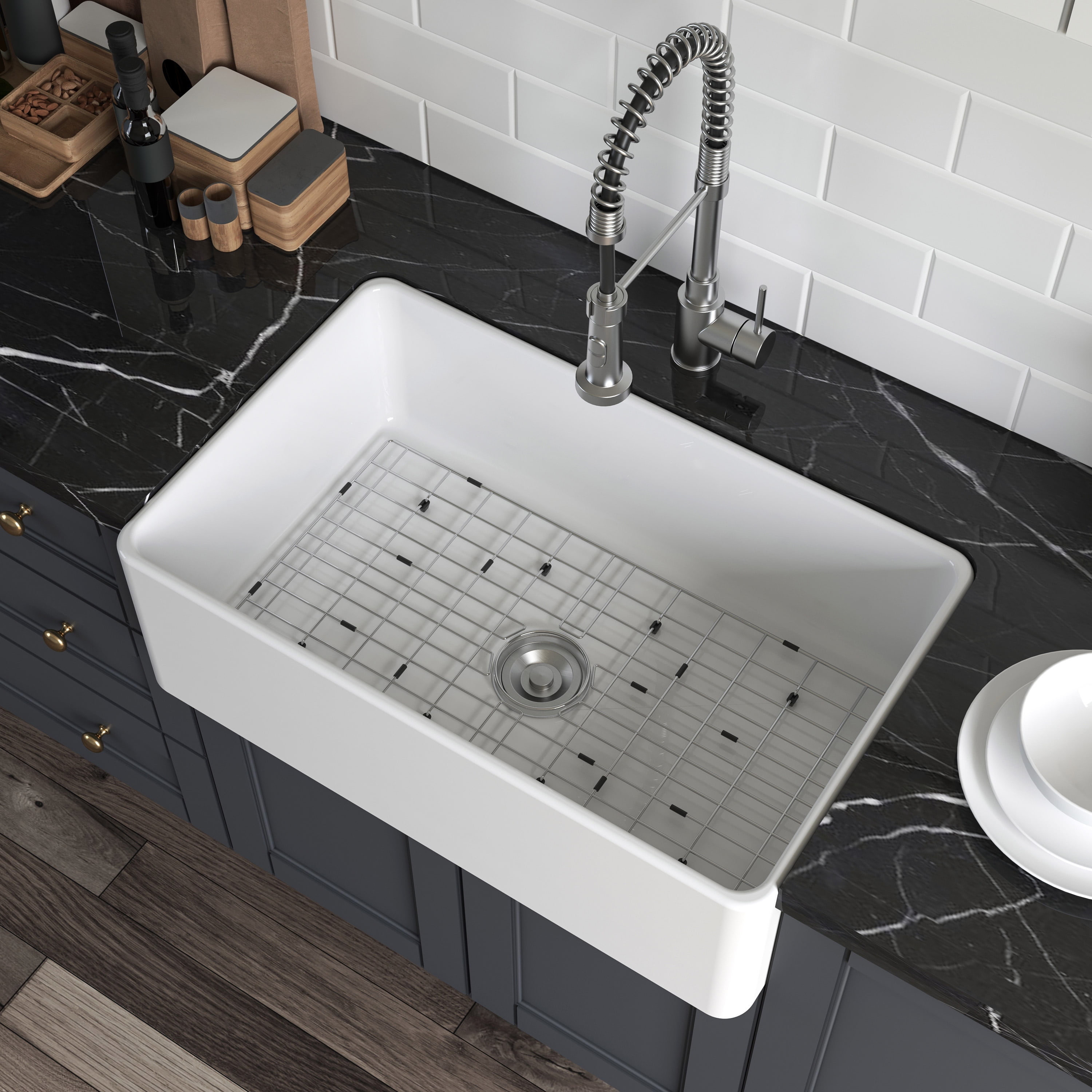 HOROW 30 * 20 Inch Farmhouse Sink with Bottom Grid and Strainer,Apron Sink Single Bowl Ceramic
