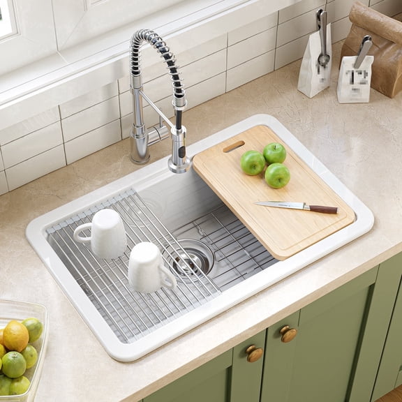 HOROW 30"x 19''  Fireclay Single Bowl Apron Farmhouse Sink with Cutting Board, Grid & Strainer White