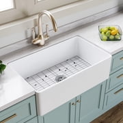 HOROW 33 L x 20 W Fireclay Farmhouse Kitchen Sink with Sink Grid and Basket Strainer