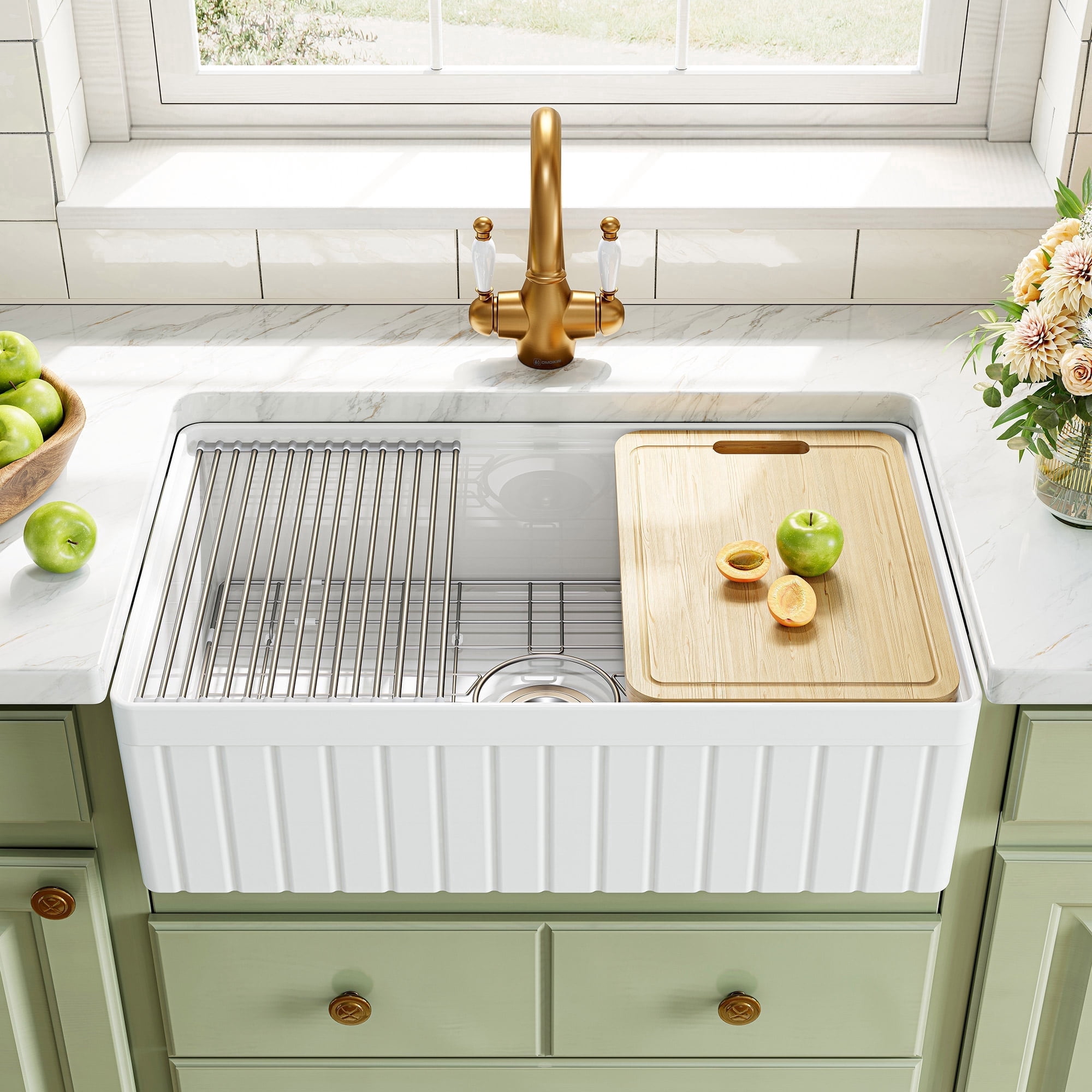 HOROW 33"x 20'' Fireclay Single Bowl Apron Farmhouse Sink with Cutting ...