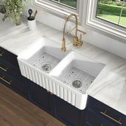 HOROW 33x18 بوصة Fireclay Kitchen Sink Undermount Double Bowl سيراميك أمام المئزر مع شبكة سفلية ومصفاة