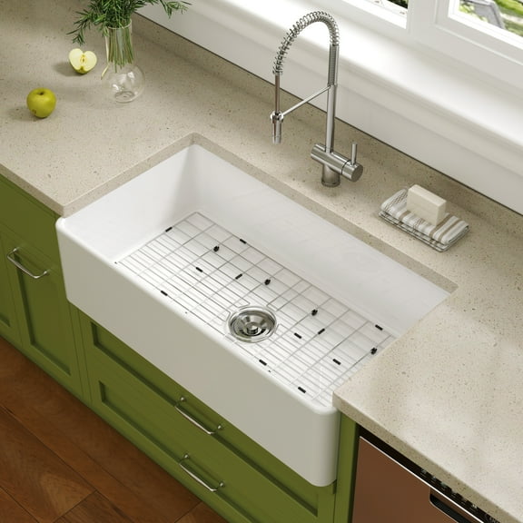 HOROW 36" L x 20" W Fireclay Farmhouse Kitchen Sink Undermount with Sink Grid and Basket Strainer