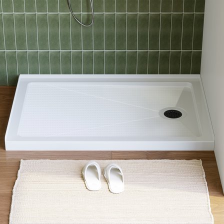 HOROW 48"L x 32"W Shower Base,Acrylic Slip-Resistant Rectangle White with Stainless Steel Matte Black Drain,Right Drain Location