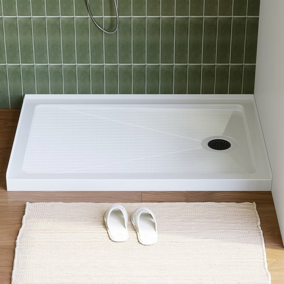 HOROW 48"L x 32"W Shower Base,Acrylic Slip-Resistant Rectangle White with Stainless Steel Matte Black Drain,Right Drain Location