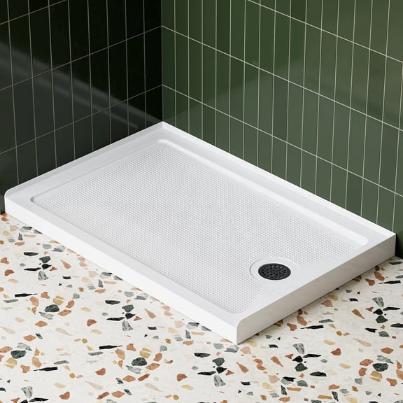 HOROW Shower Base 48" x 32" Acrylic Slip-Resistant Rectangular White Base with Matte Black Stainless Steel Drain, Right Drain Location