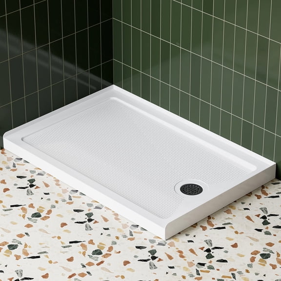 HOROW 48" x 32" Shower Base, Acrylic Slip-Resistant Rectangular White Base with Matte Black Stainless Steel Drain, Right Drain Location