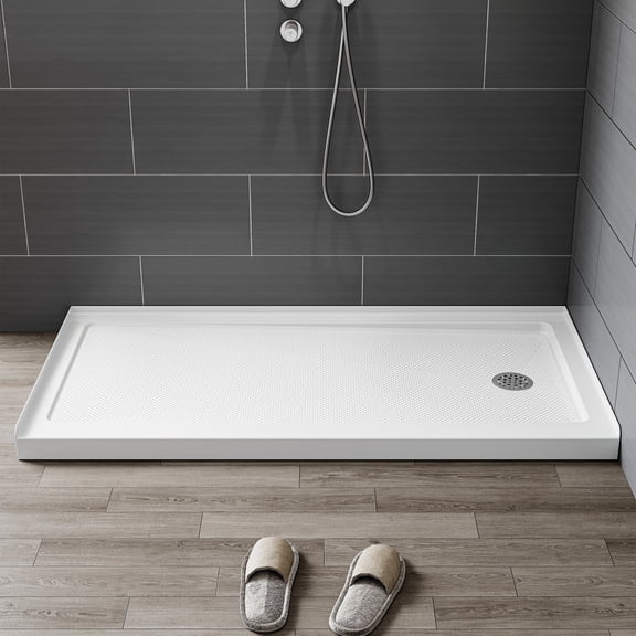 HOROW 60" x 30" Shower Base Non-Slip Texture, Rectangle Acrylic Base, Right Drain with Stainless Steel Chrome Drain Cover