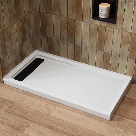 HOROW Shower Base 60" x 32" Left Efficient Drain Single Threshold Acrylic Shower Pan Non-Slip Surface Stainless Steel Drain Cover