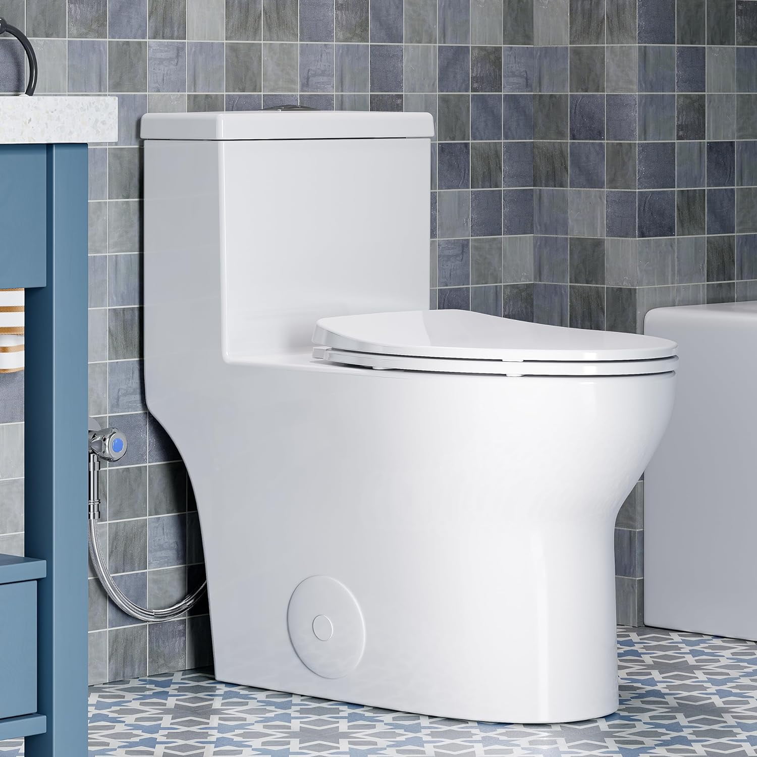 White Ceramic Dual Flush Elongated One-Piece Toilet