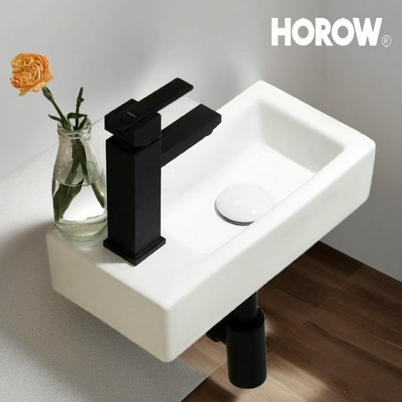 HOROW Bathroom Corner Sink, 18”x10" Small Wall Mount Sink Rectangle White Porcelain Ceramic Vessel Sink, Left Hand
