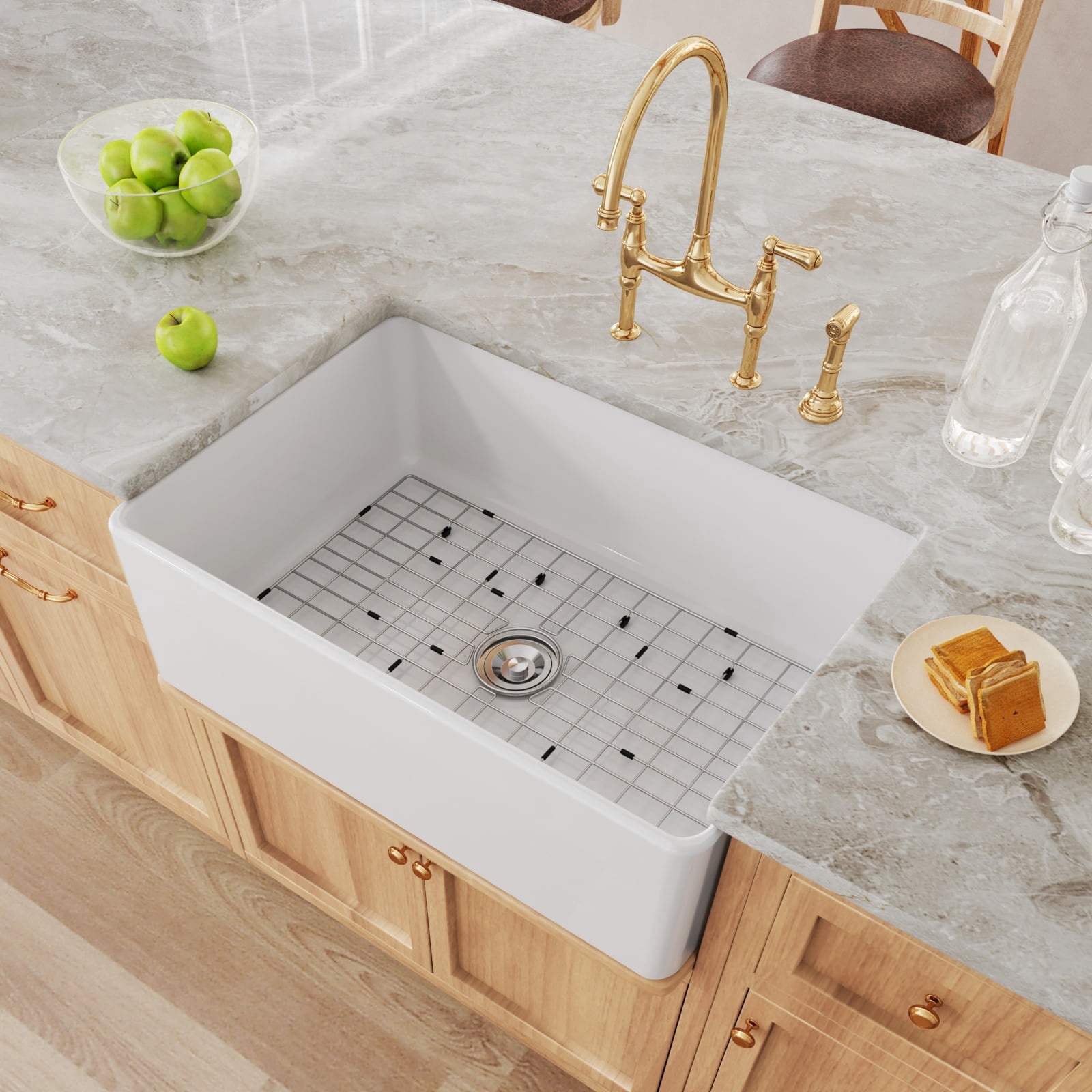 HOROW Ceramic Fireclay Farmhouse Sink 30" x 20", Single Bowl Front with Bottom Grid and Strainer