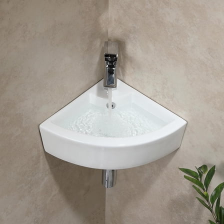 HOROW Corner Bathroom Sink, 18"x 13" White Porcelain Wall Mount Corner Sink, Vessel Sink for Bathrooms