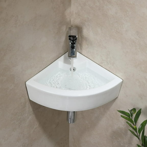 HOROW Corner Bathroom Sink, 18"x 13" White Porcelain Wall Mount Corner Sink, Vessel Sink for Bathrooms