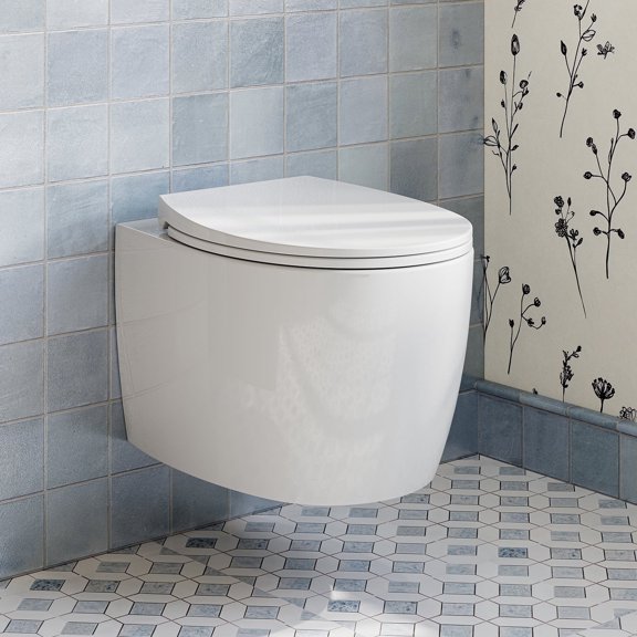 HOROW Elongated Wall Hung Toilet with Rimless Tornado Flush & UF Soft Close Quick Release Seat